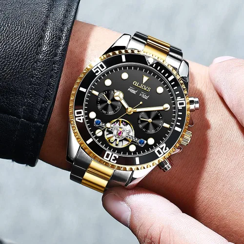 Vista 5 de OLEVS Reloj automático para hombre esqueleto mecánico de cuerda automática de lujo acero inoxidable 3 ATM impermeable calendario relojes de pulsera