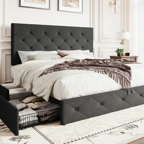 Vista 31 de SHA CERLIN Base de cama de plataforma tamaño matrimonial tapizada con 4 cajones de almacenamiento, cabecero ajustable con diseño cosido en cuadrados