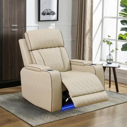 Vista 7 de Juego de sofá modular reclinable eléctrico para sala de estar, juego de sofá reclinable de cuero con luces LED / almacenamiento oculto, sofá