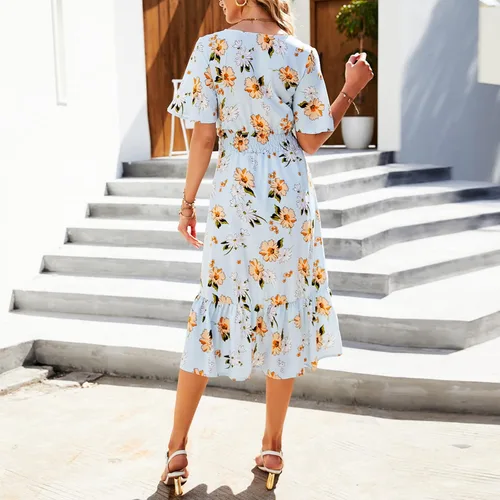 Vista 7 de XIAwenYUAN Vestido de mujer para verano bohemio lindo floral casual playa fiesta hawaiana con vuelo largo vestido largo de línea A verde A Green M