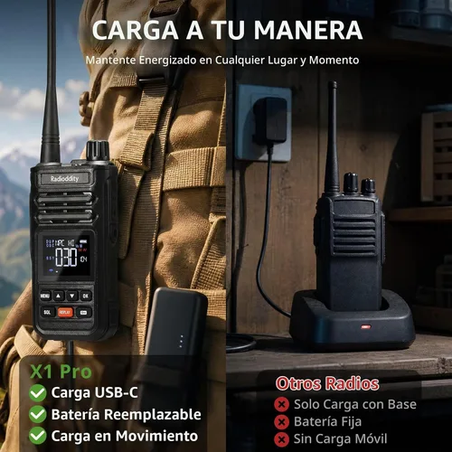 Vista 5 de Radioddity X1 Pro GMRS Handheld Radio IP67 Waterproof, Replaceable Battery Noise Reduction, 7W Long Range Walkie Talkies Repeater Capable, Record &