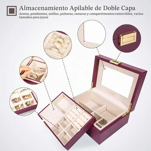 Vista 3 de LANDICI Joyero de cuero de 2 capas con espejo, morado