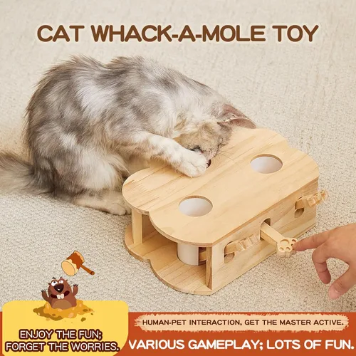 Vista 4 de Whack-a-mole - Juguete interactivo de madera para gatos de interior, caja de juguetes interactiva para mascotas, rompecabezas para gatos de todas