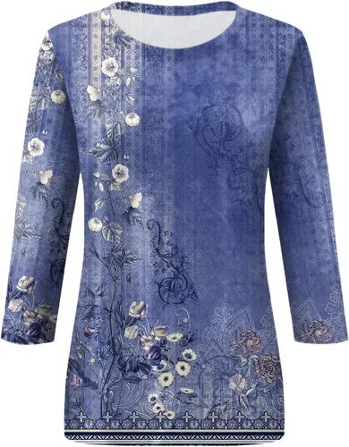 Vista 170 de Camisetas personalizadas para mujer, a la moda, casual, de séptima manga, estampada, cuello redondo, camiseta