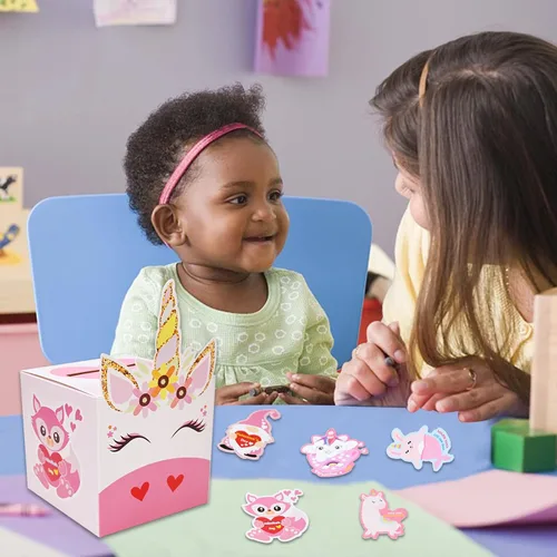 Vista 7 de Cajas de San Valentín, 33 tarjetas de unicornio para el día de San Valentín y buzón de San Valentín para intercambio de suministros de fiesta