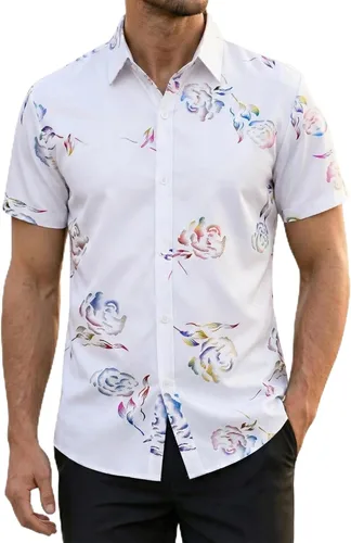 Vista 21 de ZEROYAA - Camisas de vestir de manga corta con estampado de rosa dorada para hombre, estilo hipster, calce ajustado, con botones
