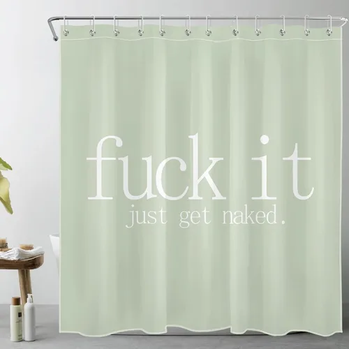 Vista 5 de LB Fuck It Get Naked - Juego de cortinas de ducha con alfombras con citas divertidas, cortina de ducha de tela verde salvia con ganchos, juego