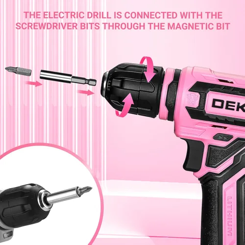 Vista 5 de Taladro inalámbrico: juego de taladro eléctrico DEKOPRO de 12 V con taladros eléctricos rosa de 800 RPM con caja de regalo, juego de taladro rosa