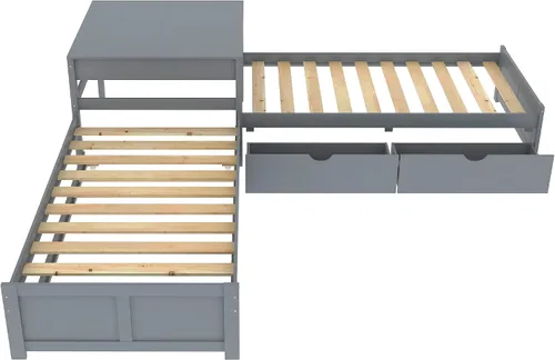 Vista 6 de Harper & Bright Designs Cama de plataforma en forma de L con nido y cajones vinculados con escritorio integrado, marco de cama individual de madera