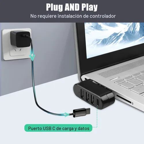 Vista 5 de VIENON Hub USB 3.0 de 4 puertos [Giro de 90°/180°], divisor USB con puerto USB C de 5W PD-in, extensor USB para laptop, automóvil, iMac, MacBook