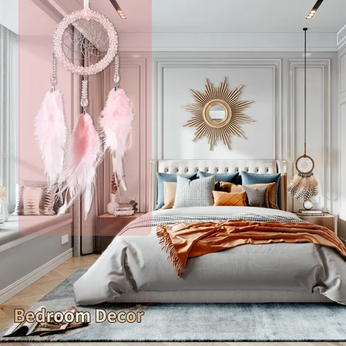Vista 3 de Atrapasueños de lujo, pluma de gallo rosa claro con diamante de cristal, pequeño atrapasueños hecho a mano para dormitorio, un atrapasueños