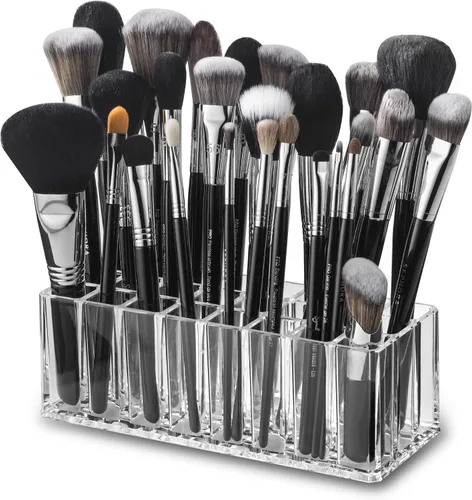Vista 2 de byAlegory - Organizador de brochas de maquillaje acrílico Almacenamiento de cosméticos para 24 espacios (transparente)