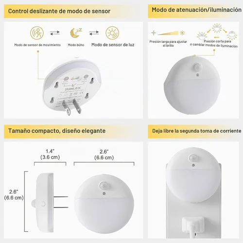 Vista 6 de YUNLEX Paquete de 2 luces nocturnas enchufables con sensor de movimiento y sensor de atardecer a amanecer, atenuación continua, luz nocturna LED