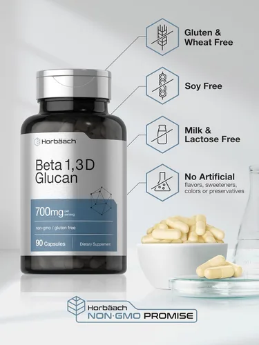 Vista 5 de Horbäach Beta Glucan 1 3D 700 mg 90 Cápsulas Beta 1,3, 1,6 D Glucano Suplemento sin OMG, sin gluten