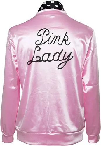 Vista 3 de Chaqueta rosa de los años 50, disfraz de Halloween para mujer, chaqueta de satén, cosplay, accesorios de vestir para adultos, con bufanda