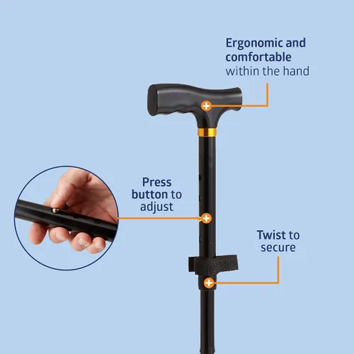 Vista 3 de Medline El bastón plegable con mango en T para personas mayores y adultos es portátil y ligero para equilibrio, lesiones de rodilla, movilidad
