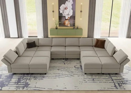Vista 3 de Belffin Sofá modular de gran tamaño con tumbonas dobles en forma de U, sofá seccional reversible con almacenamiento de terciopelo gris