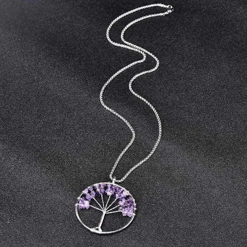 Vista 3 de ZPMMPZ Collar de árbol de la vida, cristales curativos naturales, amatista, 7 chakras, piedras preciosas, regalo familiar para mujeres y niñas