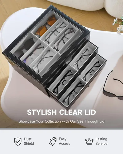 Vista 5 de CO-Z Sunglasses Organizer, Leather Eyeglasses Storage Box for Women Men, Lockable Sunglass Display Case Holder with Drawer