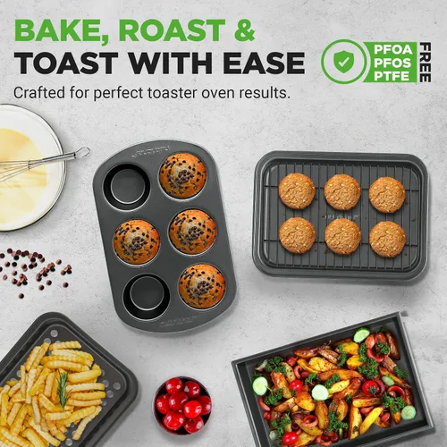 Vista 2 de NutriChef - Juego de 6 piezas para hornear en tostadora, juego compacto de bandejas antiadherentes apilables con moldes para muffins, bandeja