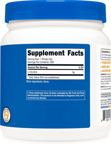 Vista 5 de Nutricost L-citrulina pura (base) en polvo (21.16 oz)
