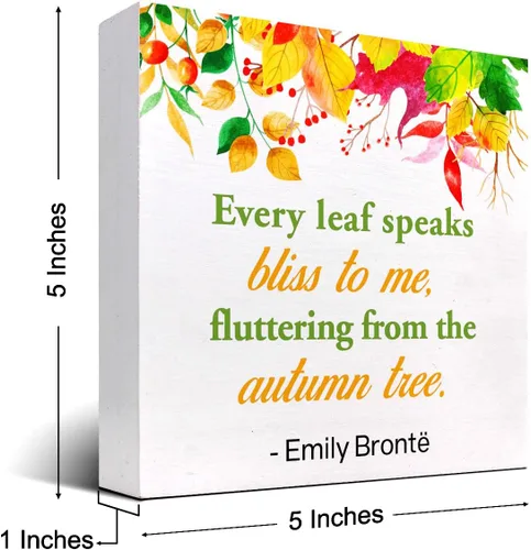 Vista 2 de Decoración de mesa de otoño, con texto en inglés «Every Leaf Speaks Bliss to Me Fall», letrero rústico de madera de otoño, decoración de escritorio