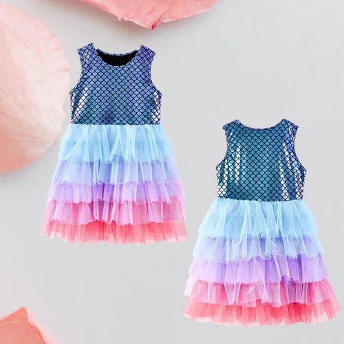 Vista 6 de Vestido de sirena, vestido de sirena para niñas, vestido de princesa para niñas pequeñas, vestido de verano de tul para fiesta, sin mangas, vestidos