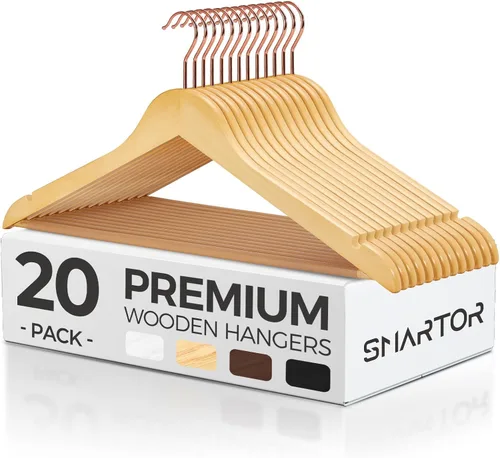 Vista 15 de Smartor Paquete de 20 perchas de madera maciza para armario, perchas de madera resistente para trajes, camisas, vestidos, con gancho de oro rosa