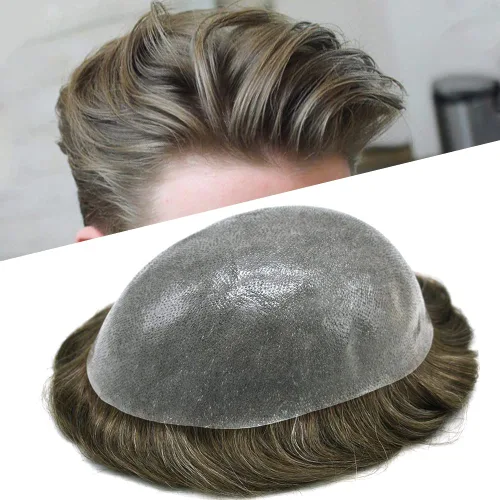 Vista 18 de PU Toupee para hombres pieza de pelo real sistema de reemplazo de cabello humano para hombres Toupee pieza de pelo para hombres piel polivinílica