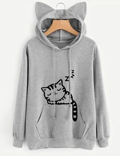 Vista 2 de Lziizl Women Girl Hoodies Cute Cat Ear Novelty Printed Pullover Sweatshirt