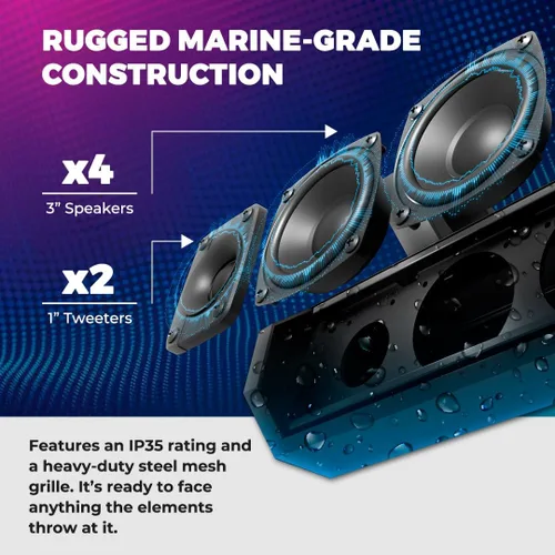 Vista 4 de DS18 SB26BTXRGB Barra de sonido amplificada marina de 26 pulgadas con iluminación Bluetooth USB y RGB, 6 altavoces, 600 W máximo, panel de control