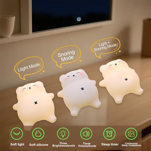 Vista 4 de Luz nocturna de oso para guardería, lámpara de noche de bebé recargable de silicona suave con atenuación de 3 niveles, control táctil, temporizador