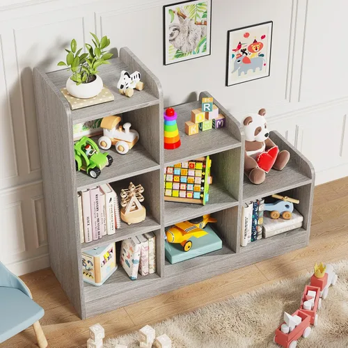 Vista 6 de Derfullo Estantería para libros, organizadores y almacenamiento de juguetes de 6 cubos, estantería Montessori pequeña de suelo abierto para Gris