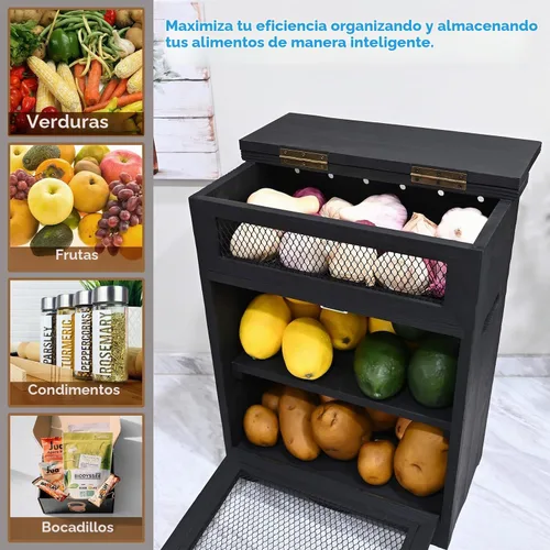 Vista 7 de Ikee Design Caja de Almacenamiento de Madera de Ensamblaje Libre para Encimera de Papas y Cebollas, Gabinete de Encimera, Cajas de Pan de Madera
