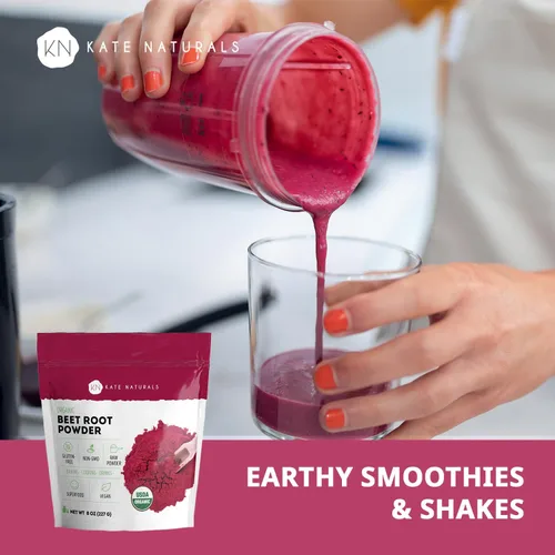 Vista 4 de Kate Naturals Polvo de raíz de remolacha orgánica para batidos, hornear y jugo. Superalimento de remolacha cruda y colorante alimentario rojo