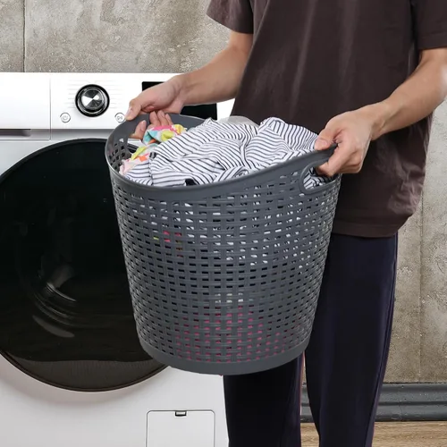 Vista 6 de Paquete de 6 cestas de plástico para ropa sucia de 30 L, cesta de almacenamiento de plástico grande, color gris Large Ventilated Plastic Storage