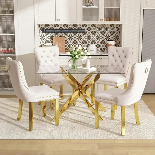 Vista 13 de Juego de mesa de comedor de 51 pulgadas de vidrio para 4, mesa de cocina rectangular de vidrio con 4 sillas tapizadas con acentos de terciopelo