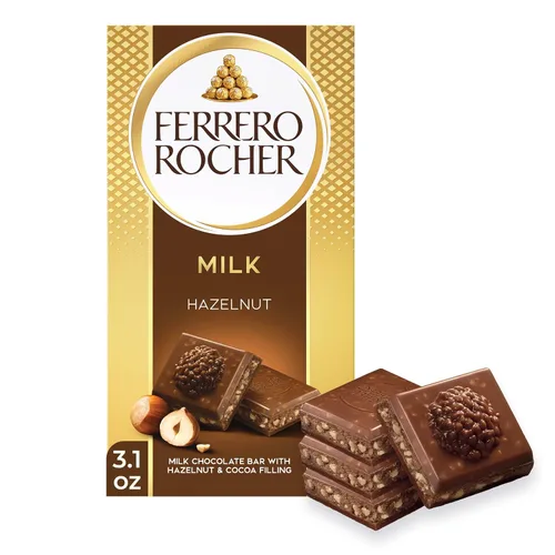 Vista 10 de Ferrero Rocher Chocolate premium, barra de chocolate con leche, relleno de avellana y cacao, ideal para compartir, 8 unidades, 3.1 onzas cada una