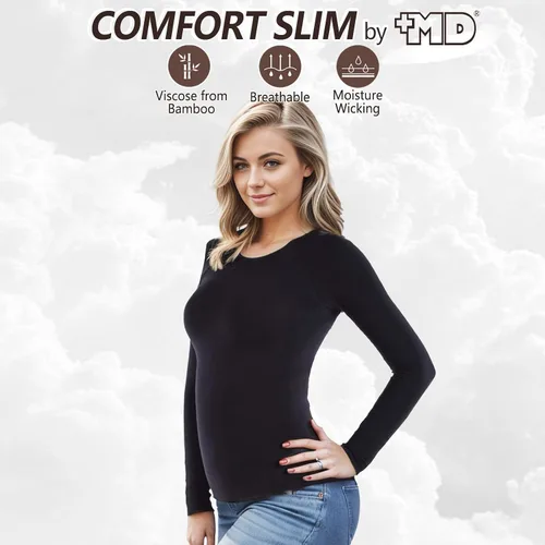 Vista 3 de +MD Womens Long Sleeve Undershirts Tops Bamboo Viscose Underscrub Round Neck, Slim Fit Baselayer, Soft Underscrub, Light Compression Tummy Control