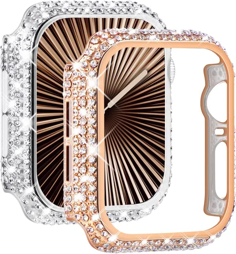Vista 13 de NewWays Paquete de 2 fundas brillantes con diamantes completos para Apple Watch 40mm para mujeres, protector de diamantes completamente pavimentado