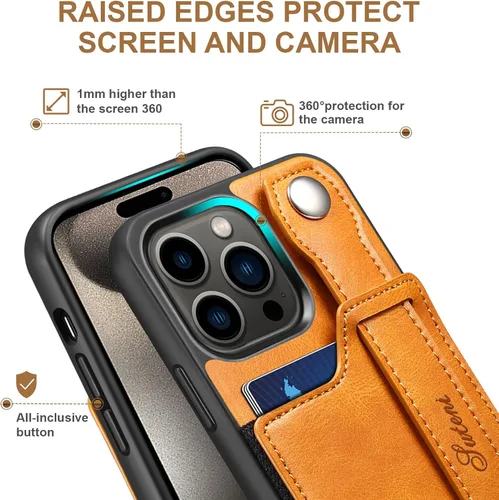 Vista 7 de Funda para iPhone 15 Pro Max 2023, de piel sintética, con ranura elástica para tarjetas, cierre magnético, correa de mano, funda protectora