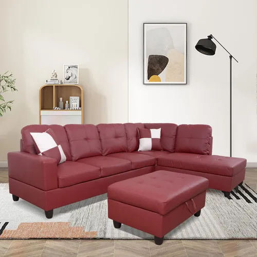 Vista 7 de Moderno sofá seccional de cuero en forma de L (rojo, hacia la izquierda)