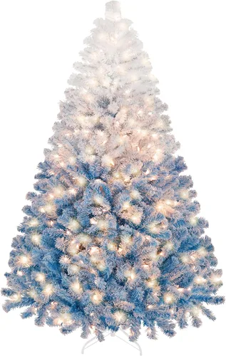 Vista 26 de Yaheetech - Árbol artificial de Navidad preiluminado de 9 pies con luces incandescentes de color blanco cálido, árbol de Navidad con flecos de Verde