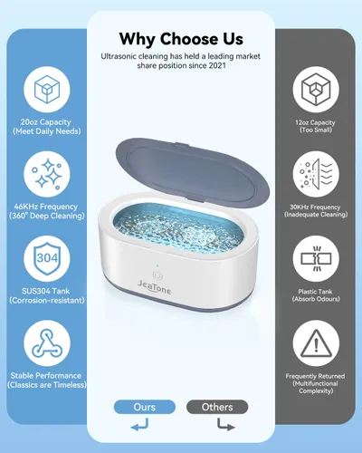 Vista 2 de JeaTone Limpiador ultrasónico de joyas, máquina profesional de limpieza ultrasónica de 46 KHz para anillos, anteojos, retenedores, dentaduras