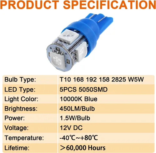 Vista 3 de Bombillas LED T10 azules para salpicadero, panel de instrumentos, calibre 2825 194 W5W, lámpara interior de automóvil con enchufes de bloqueo