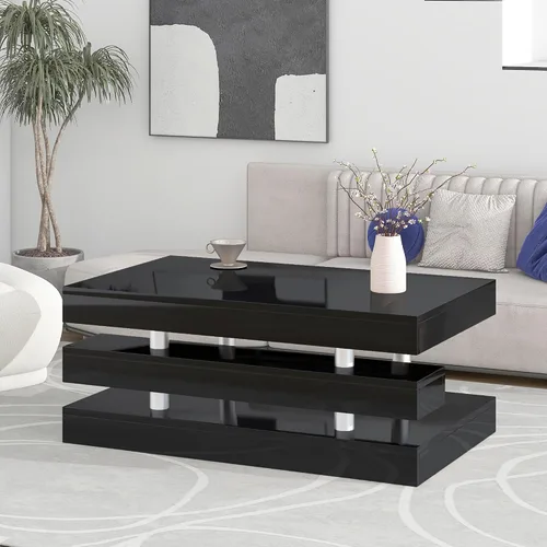 Vista 12 de LUMISOL Mesa auxiliar rectangular de 2 niveles con vidrio templado, moderna mesa de cóctel con superficie UV de alto brillo, mesa central de diseño