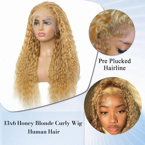 Vista 6 de Peluca Bob Rizada Rubio Miel de Cabello Humano de 16 pulgadas 13x6 HD Sin Pegamento Encaje Frontal Rubio Miel Onda Profunda Rizada Listas para Usar