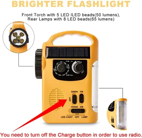 Vista 3 de HOSHINE Solar multifuncional 4-way Powered LED Camping linterna y linterna con radio AM/FM cargador de teléfono celular, color amarillo
