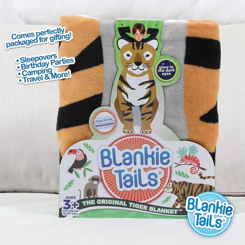 Vista 3 de Blankie Tails Manta de tigre portátil para niños, de doble cara, suave, manta de animal de forro polar, uso para fiestas de pijamas, ropa de cama