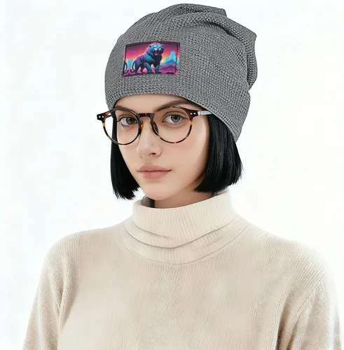 Vista 3 de Synthwave Sabertooth Patterned Black Fleece-Lined Warm Men's and Women's Hood, Winter Outdoor Sports Ski Cap